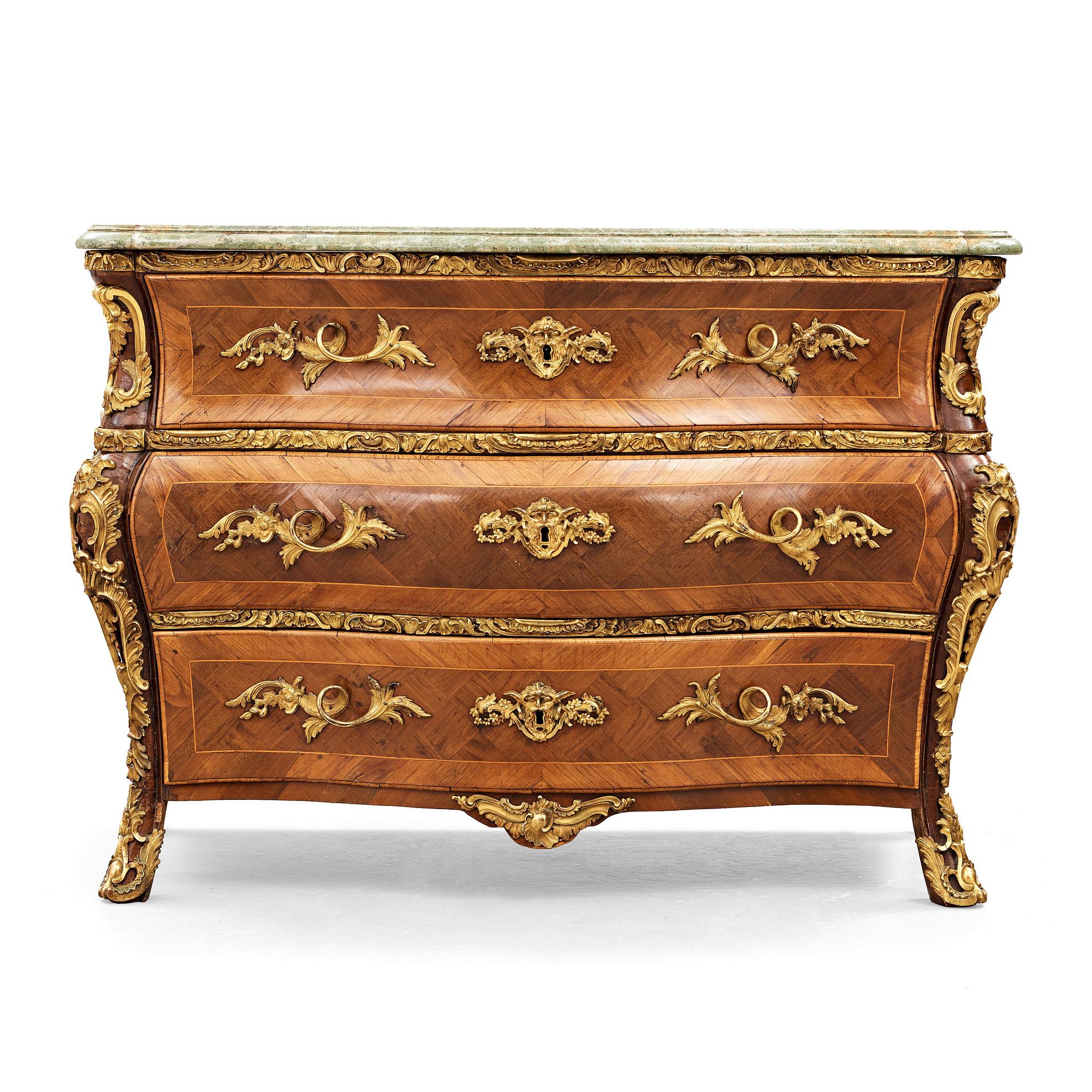 A Swedish Rococo chest of drawers by Christian Linning dated 1761 (master in Stockholm 1744-1779).
