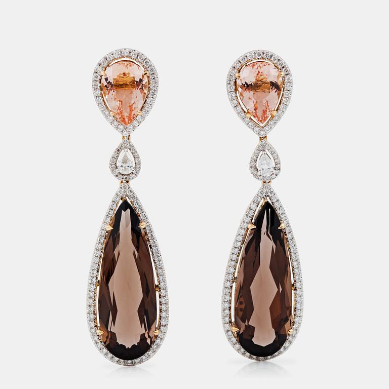 A pair of smoky quartz circa 24.00 cts, morganite circa 5.00 cts and diamonds circa 1.78 ct, earrings.