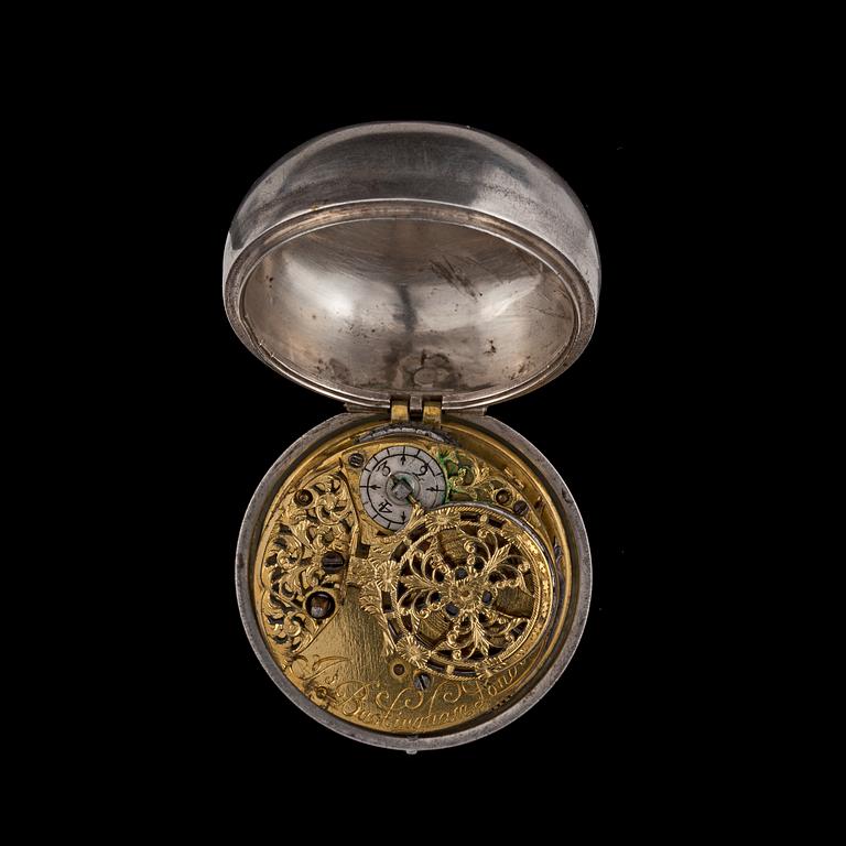 A silver verge pocket watch, Buckingham, London. Early 18th century.