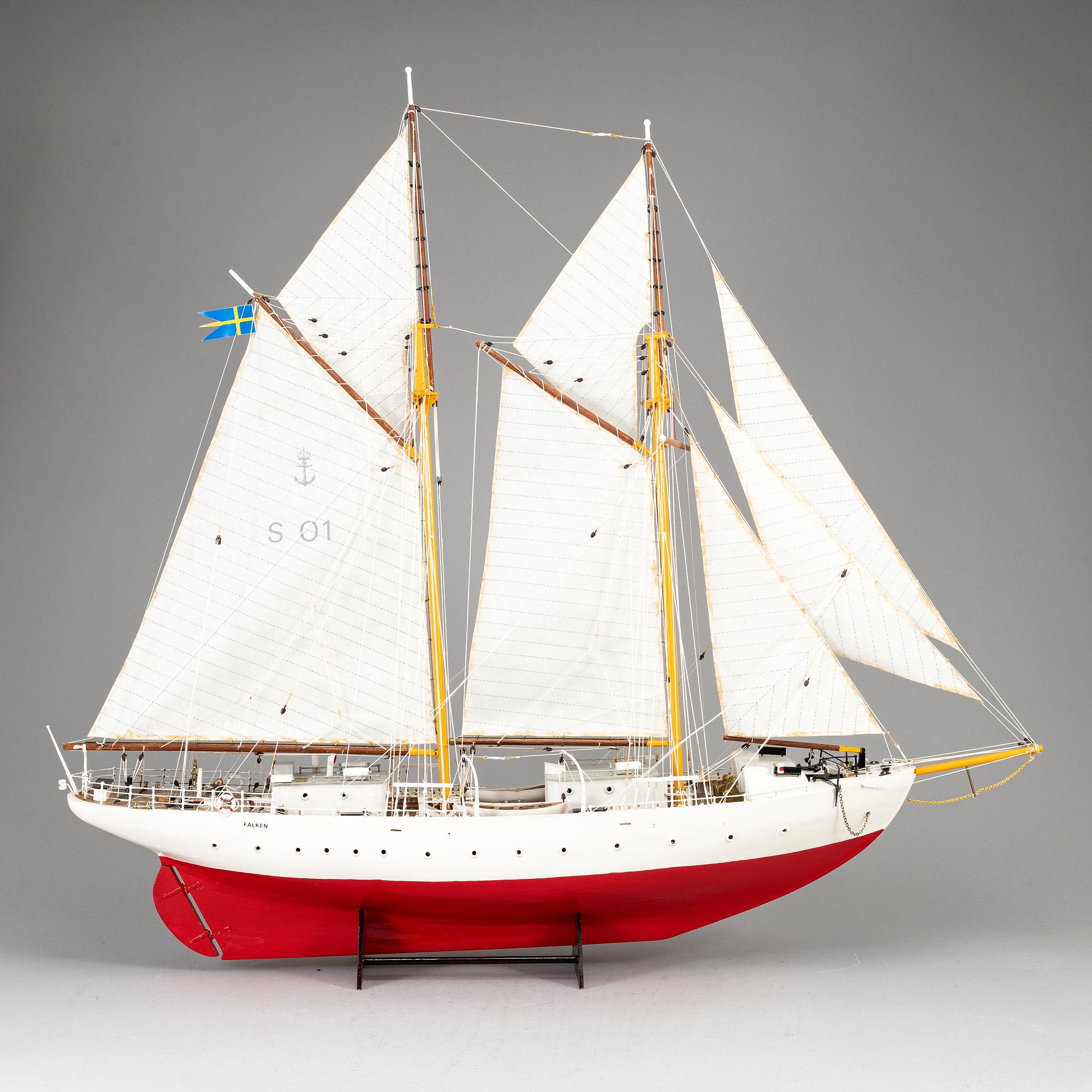 A painted wood ships model of Swedish navy ship 'Falken'.