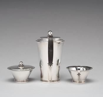 Harald Nielsen, a "Pyramid" sterling three pieces coffee service, Georg Jensen, Copenhagen 1933-44, designnr 600A,