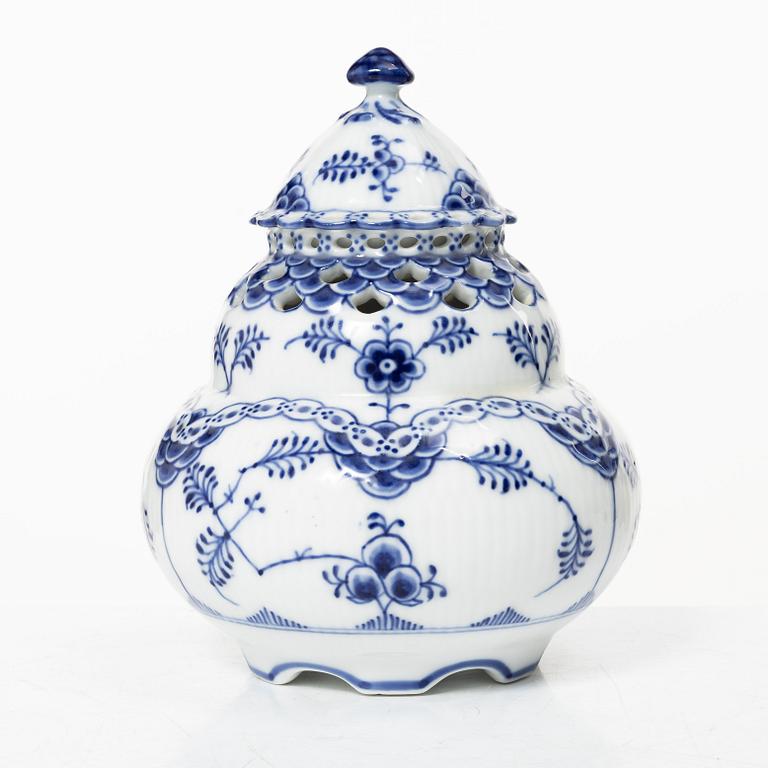 Royal Copenhagen, A 'Blue Fluted' full lace porcelain potpurri urn with cover, model 1/1186, Denmark, 1889-1922.