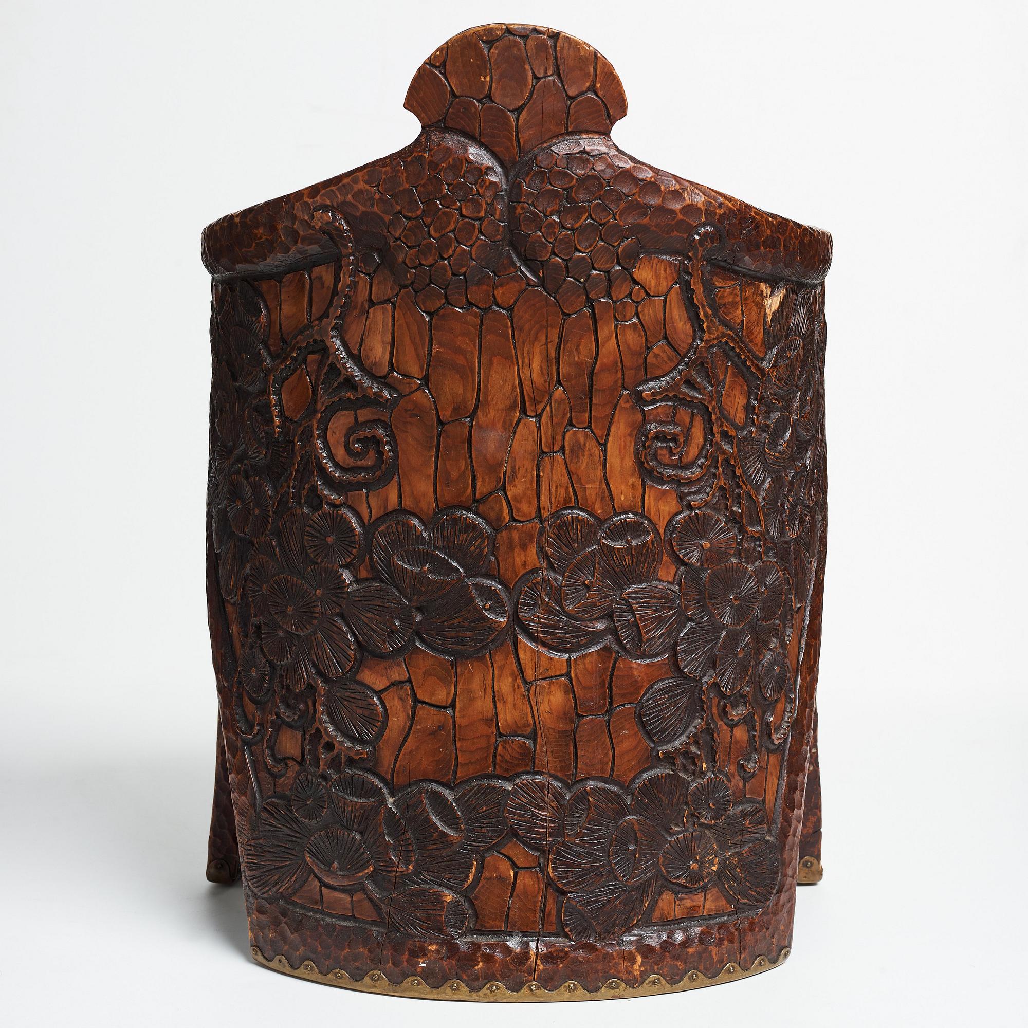 Gustaf Fjaestad, a pair of Art Nouveau carved pine chairs "stabbestolar", Arvika Sweden 1908-09.