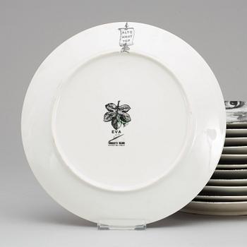 A Piero Fornasetti set of twelve 'Eva' porcelain plates, Milano, Italy.