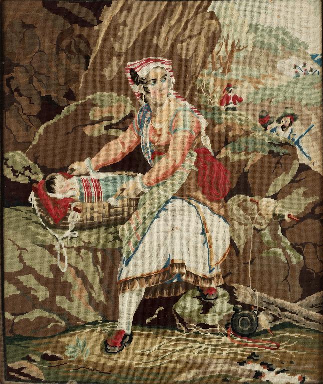 BRODERAD TAVLA, sk petit point. 1800-talets slut.