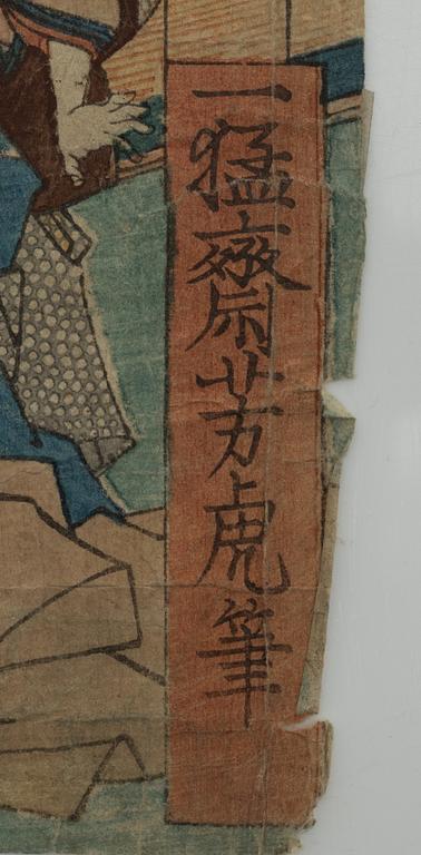 Träsnitt, fyra stycken, Japan, bland annat Ogata Gekko och Utagawa Kunisada.