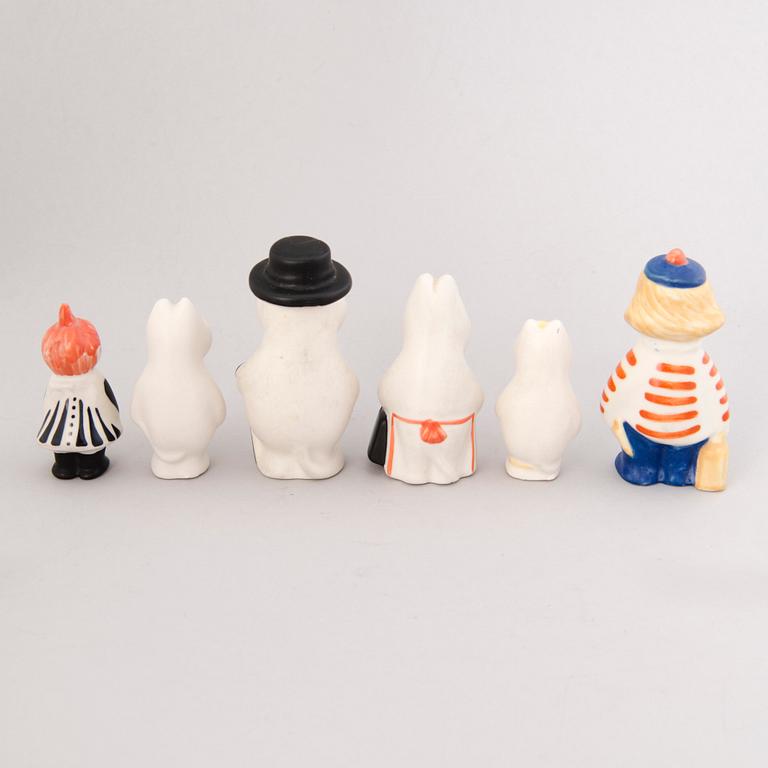 TUULIKKI PIETILÄ, Moomin, six different porcelain figurines, Arabia, Finland 1990s.