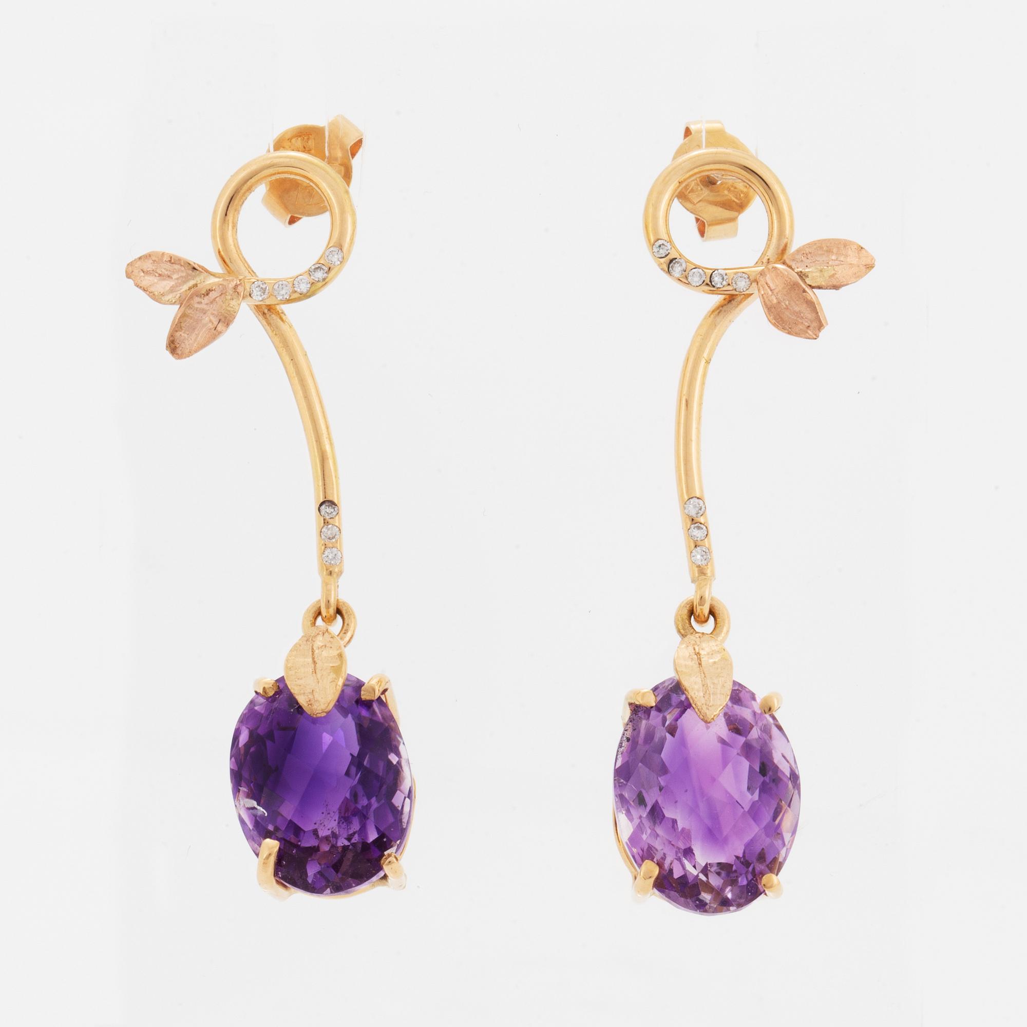 Oval briolette cut amethyst and brilliant-cut diamond earrings.