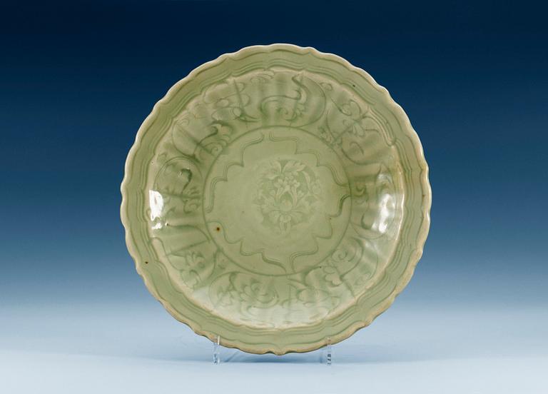 A Longquan celadon barbed-rim dish, Ming dynasty. (1368-1644).
