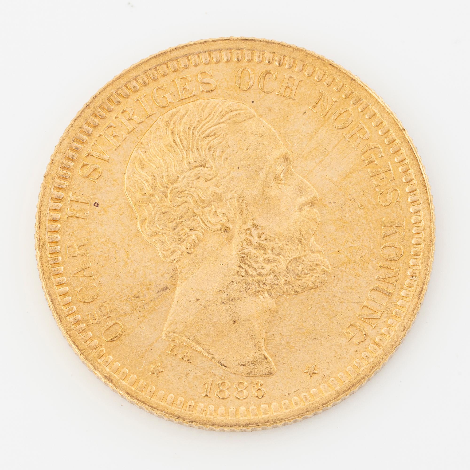 Gold coin, Oscar II, 20Kr, Type III, Sweden 1886.