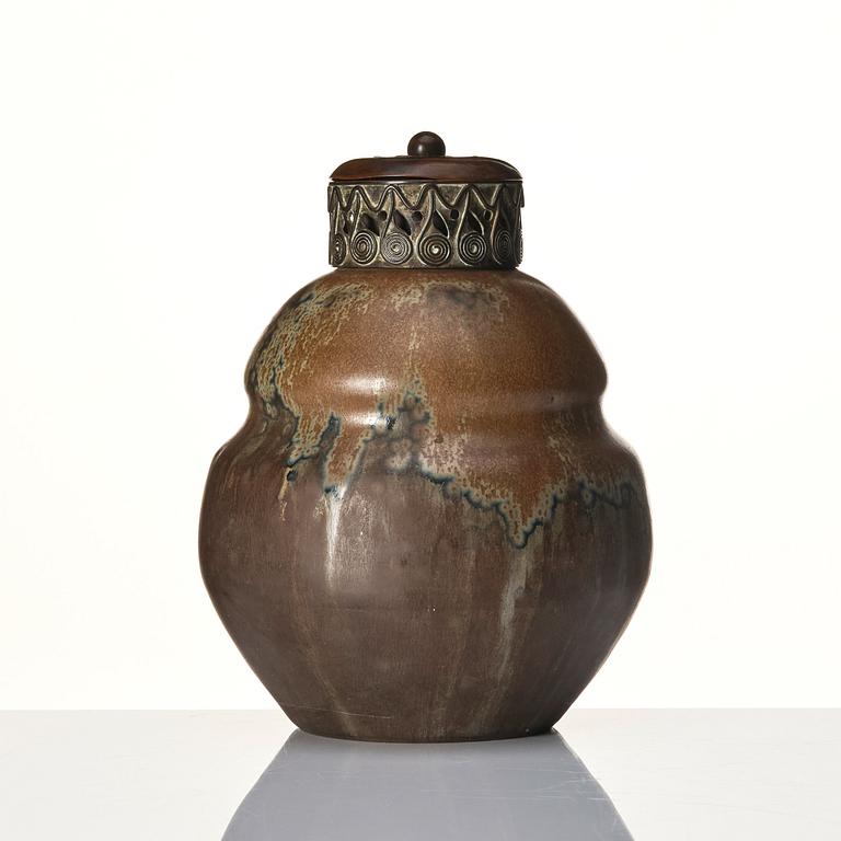 Patrick Nordström, attributed to, a stoneware urn with lid and mouth of patinated bronze, Royal Copenhagen, Denmark circa 1900.
