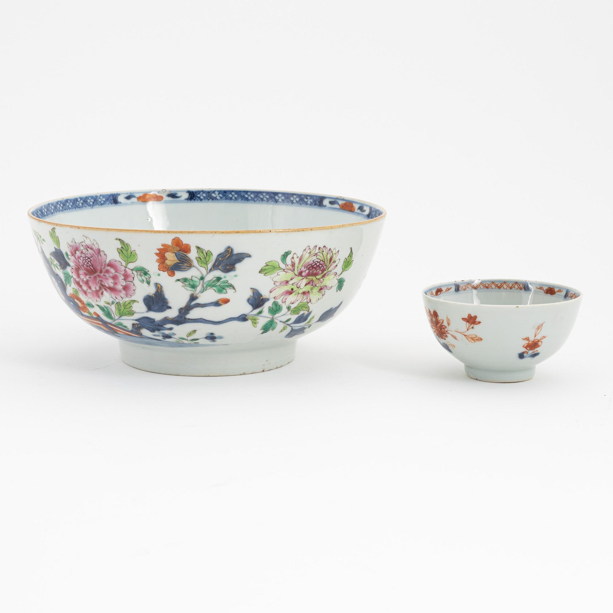 Bålskål samt skål, porslin, kompaniporslin, Kina, Qingdynastin, Qianlong (1736-95).