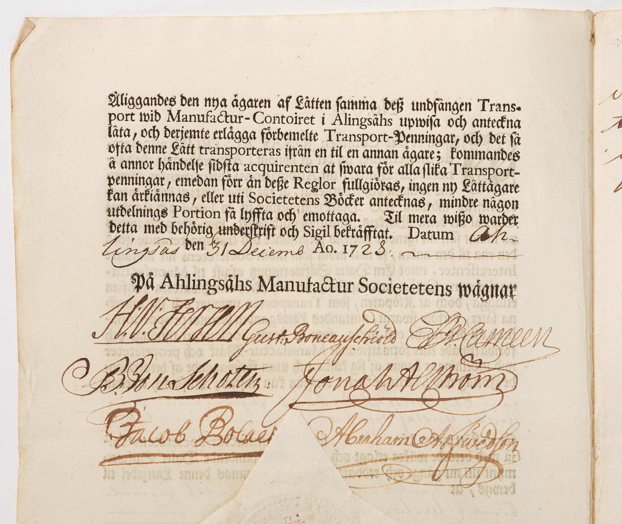 Aktiebrev, Ahlingsåhs Manufaktur Werk (Manufactur-Societet), No 43, 1728.