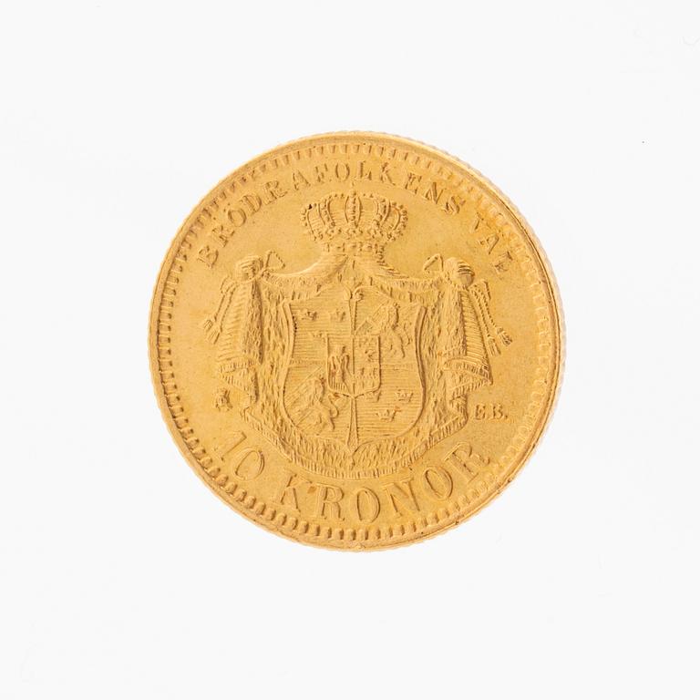 Gold coin 10kr Oscar II, Sweden and Norway 1883.