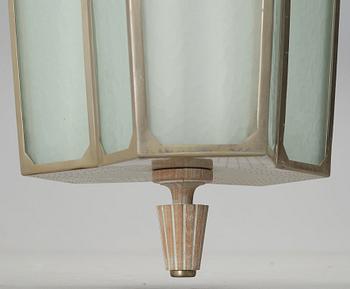 SWEDISH DESIGNER, a nickel plated, white chalked oak and frosted glass ceiling light, mid 20th Century.