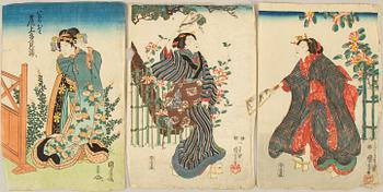 Three Japanese coloured woodblock prints, Meiji (1868-1912).