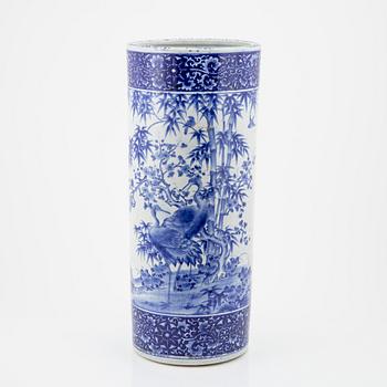 A blue and white japanese umbrella stand, 20th Century.