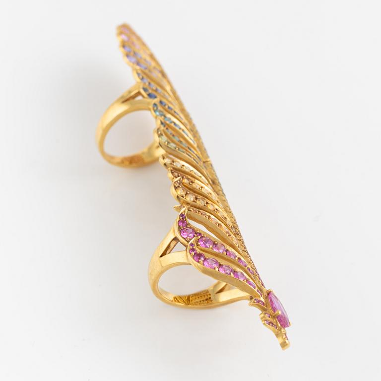 Crow's nest jewels multi coloured sapphire feather ring.