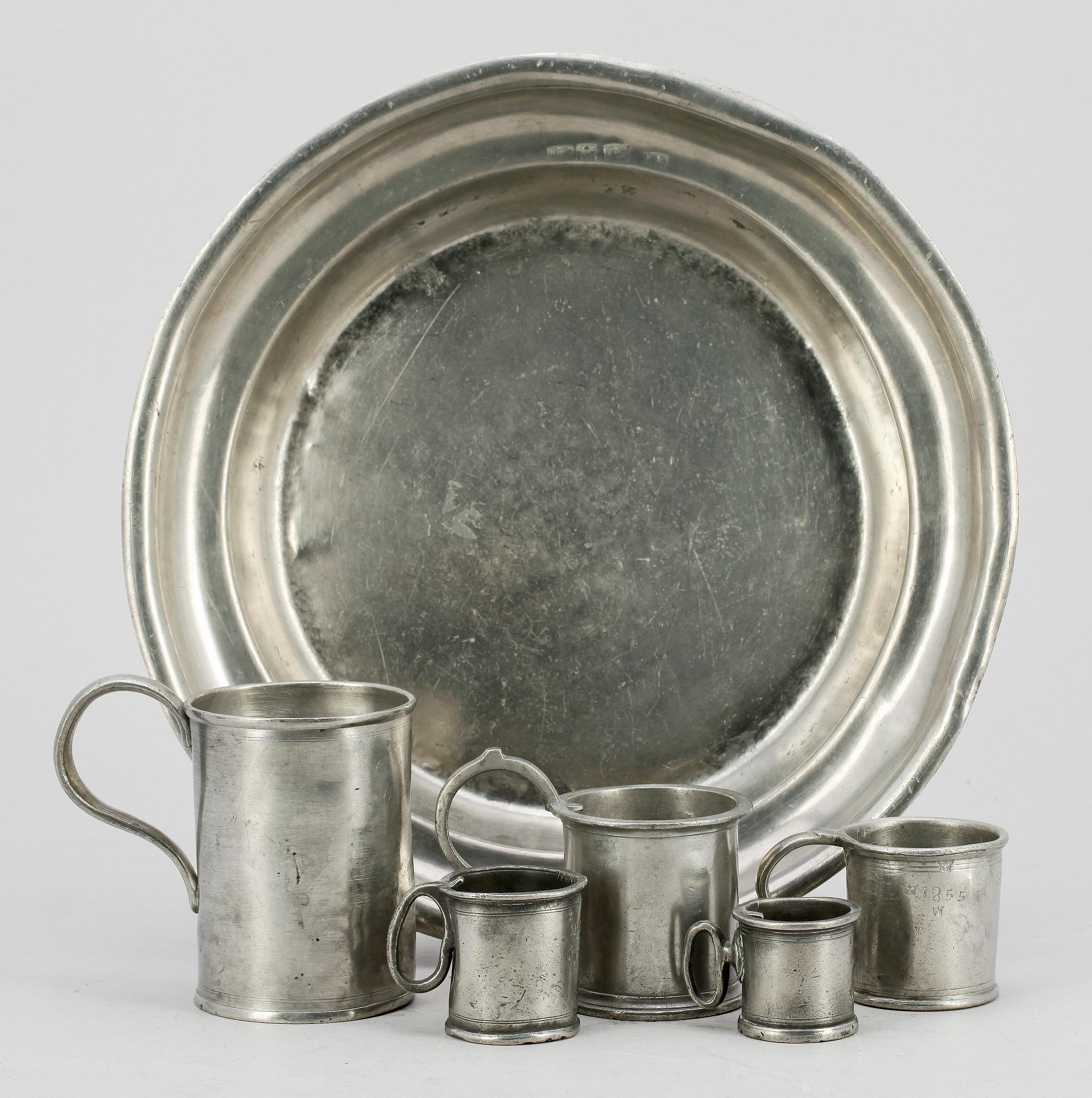 PARTI TENN, 6 delar, både svenska och utländska stämplar, 1800-tal.