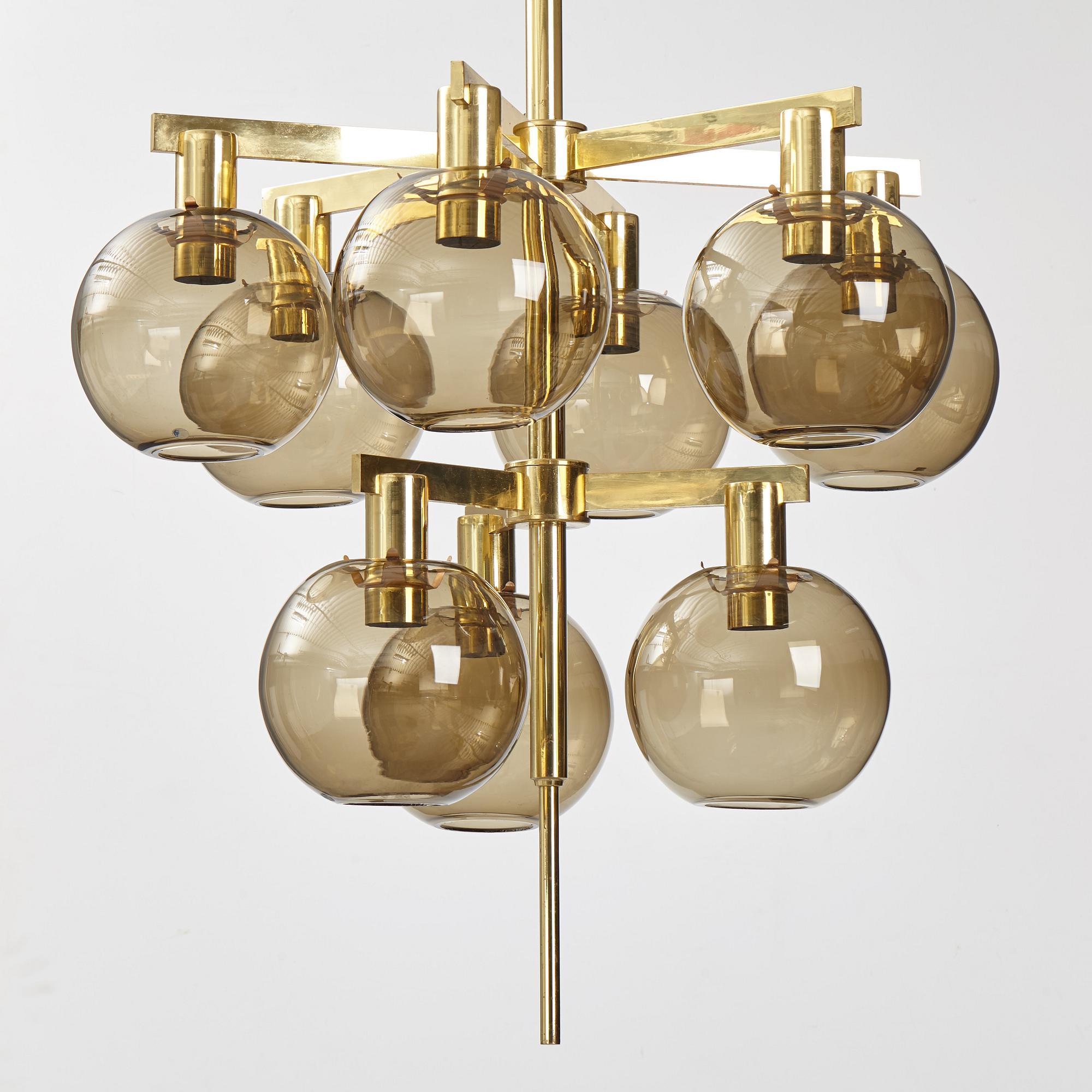 HANS-AGNE JAKOBSSON, a brass and glass nine-light ceiling light from Markaryd, second half of the 20th century.