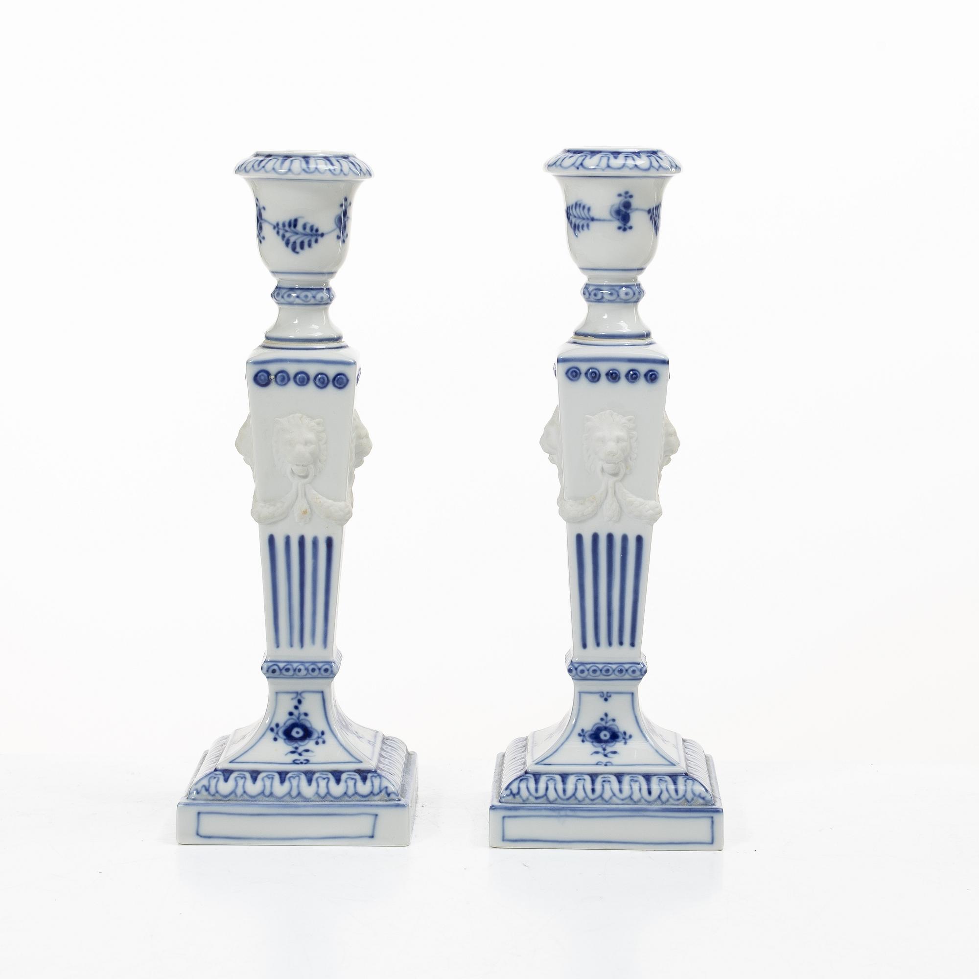 Candlesticks, a pair, porcelain. Royal Copenhagen, “Blue Fluted”, Denmark, 20th century.