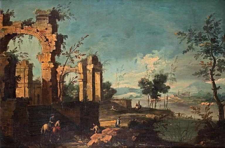 Giovanni Paolo Panini Circle of, Landscape with ruins and figure staffage.