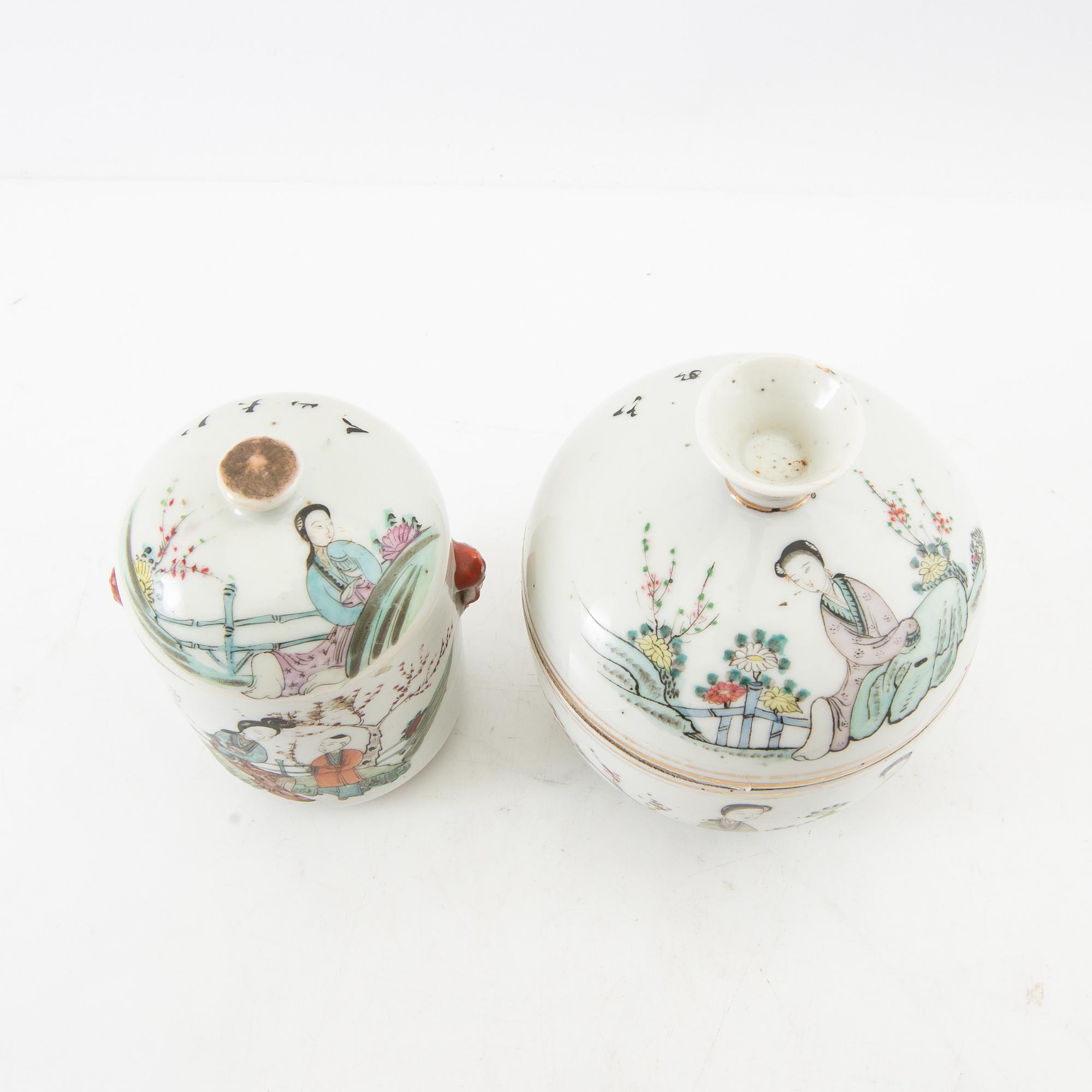 Vases, 2 pcs, and a box with a lid, 2 pcs, China, 20th century.