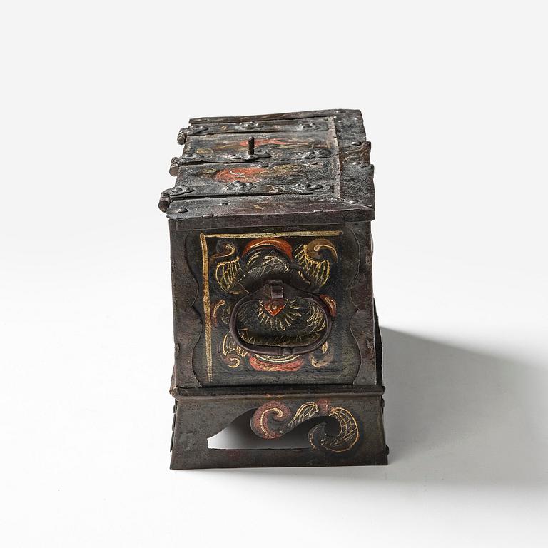A South German presumably Nuremberg polychrome-painted wrought baroque iron casket, 17th century.