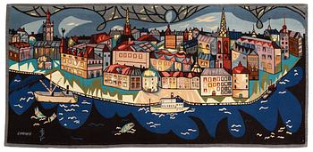 VÄVD TAPET. "La Vieille Ville" ("Gamla Stan"). Gobelängteknik. 93,5 x 198 cm. Signerad GYNNING MTP fino (Lars G., Manufactura de Tapeçarias de Portalegre/Portugal).