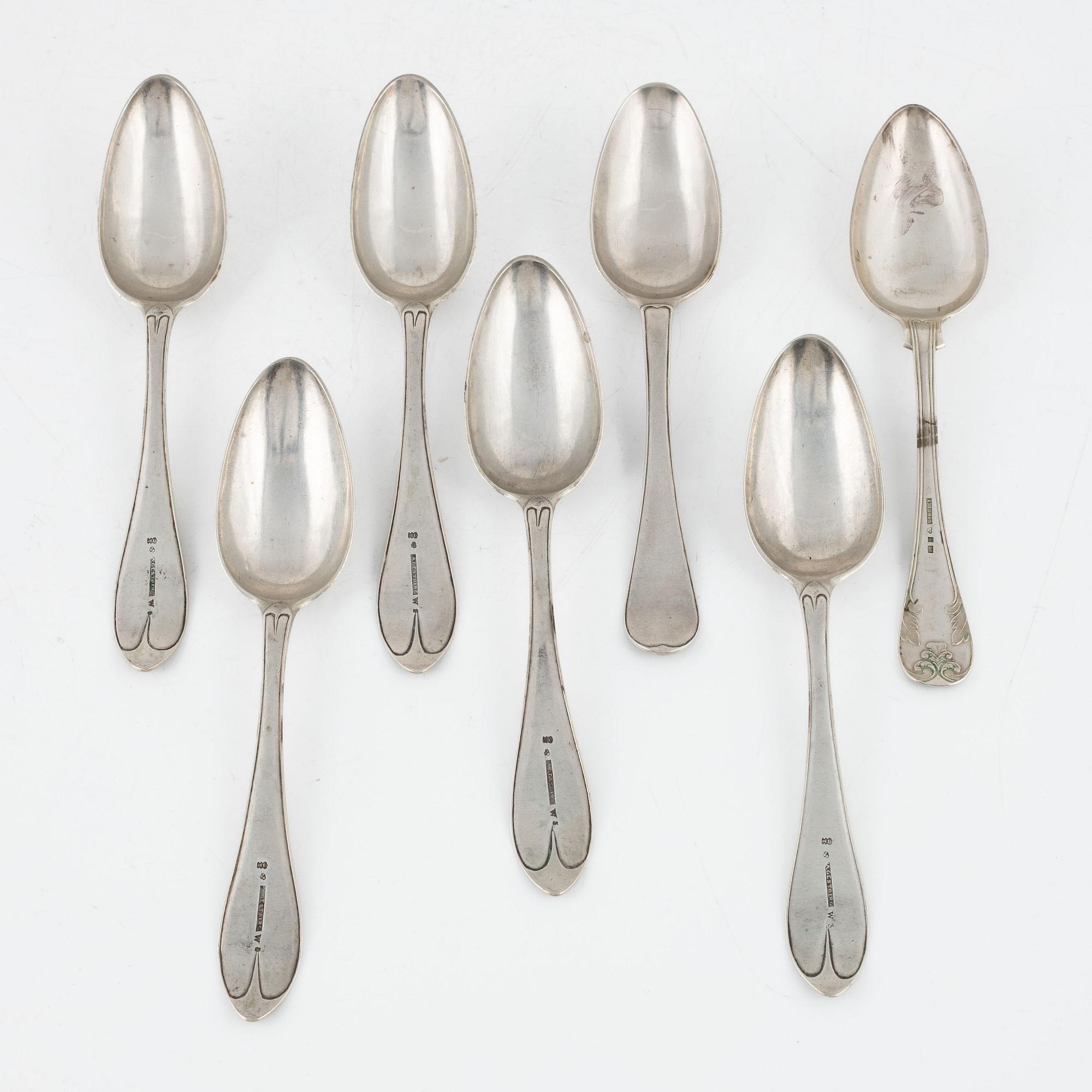 Seven Swedish silver spoons, 1792-1882.