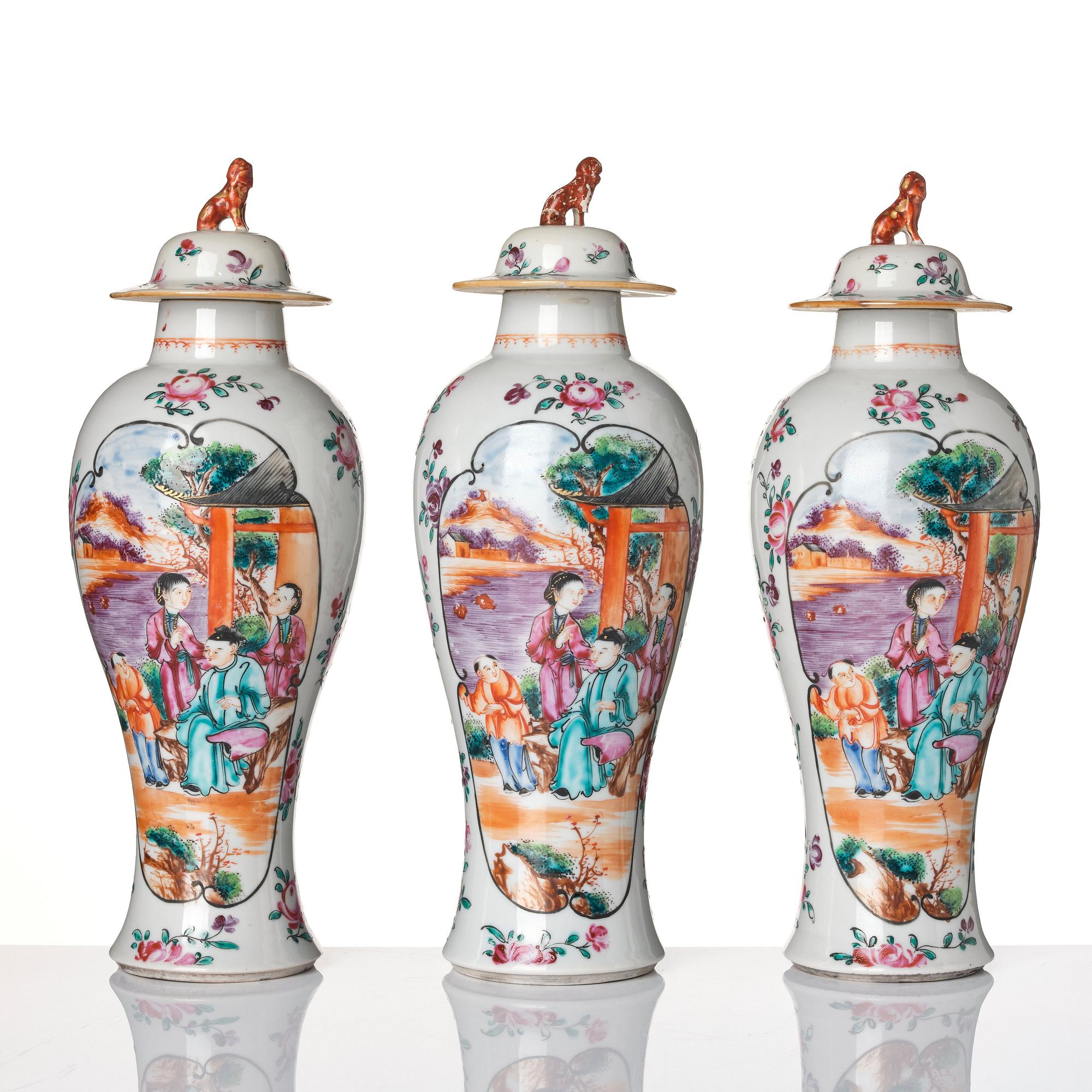 A three-piece famille rose garniture, Qing dynasty, Qianlong (1736-95).
