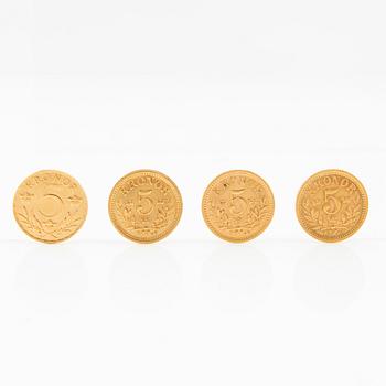 Gold coins, 4 pcs 5-kronor 1899, 1901, 1920 Sweden, Oscar II and Gustav V.