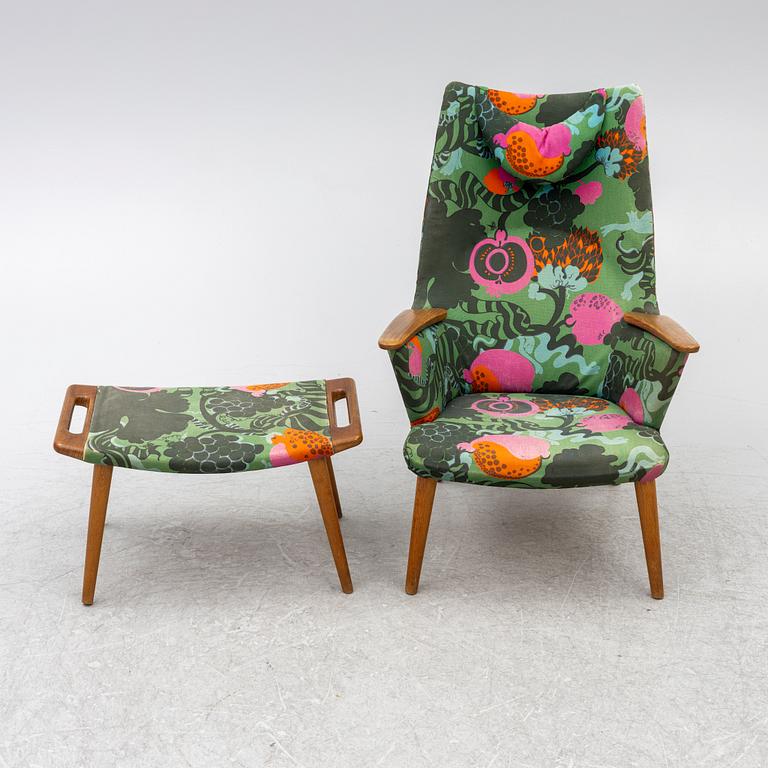 Armchair with footstool, 1950s/60s. Fabric "Tutti Frutti" Sven Fristed, Borås Wäfveri.