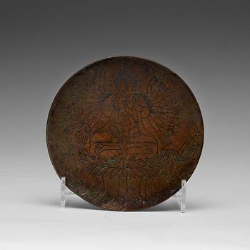 141. A Zhunti bronze mirror decorated with Avalokiteshvara and inscriptions, presumably Yuan dynasty (1279-1368), or older.