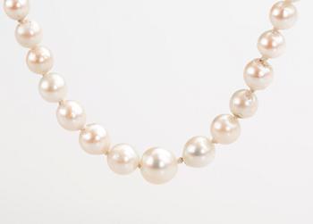 PÄRLCOLLIER, odlade saltvattenspärlor, silverlås med markasiter.