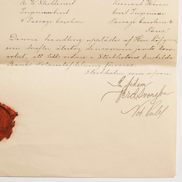 Konvolutet till Alfred Nobels testamente 1895, egenhändigt rubricerat: Testamente /My Will och signerat samt lacksigill.