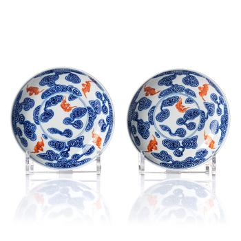 A pair of underglaze blue and and iron-red 'wufu' dishes, Qing dynasty with Guangxu mark and of the period (1875-1908).