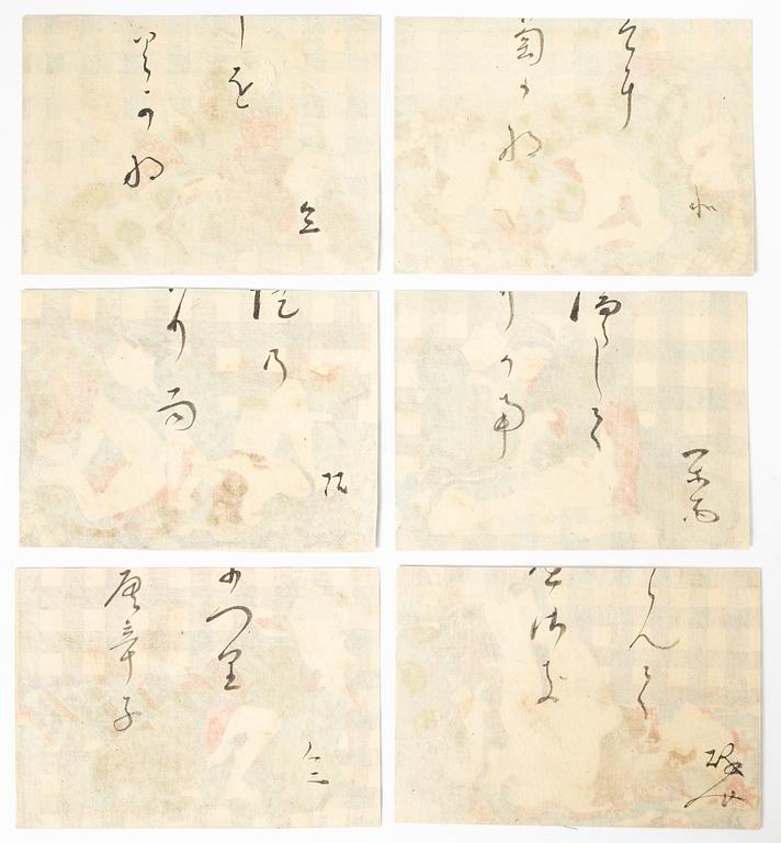 Träsnitt, sex stycken, Shunga-motiv, sen Edo-period, omkring 1850.
