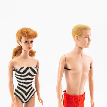 Barbie and Ken, dolls 2 pcs. and clothes,  vintage, "Nr. 5 Ponytail", Mattel 1961, "Ken" Mattel 1961.