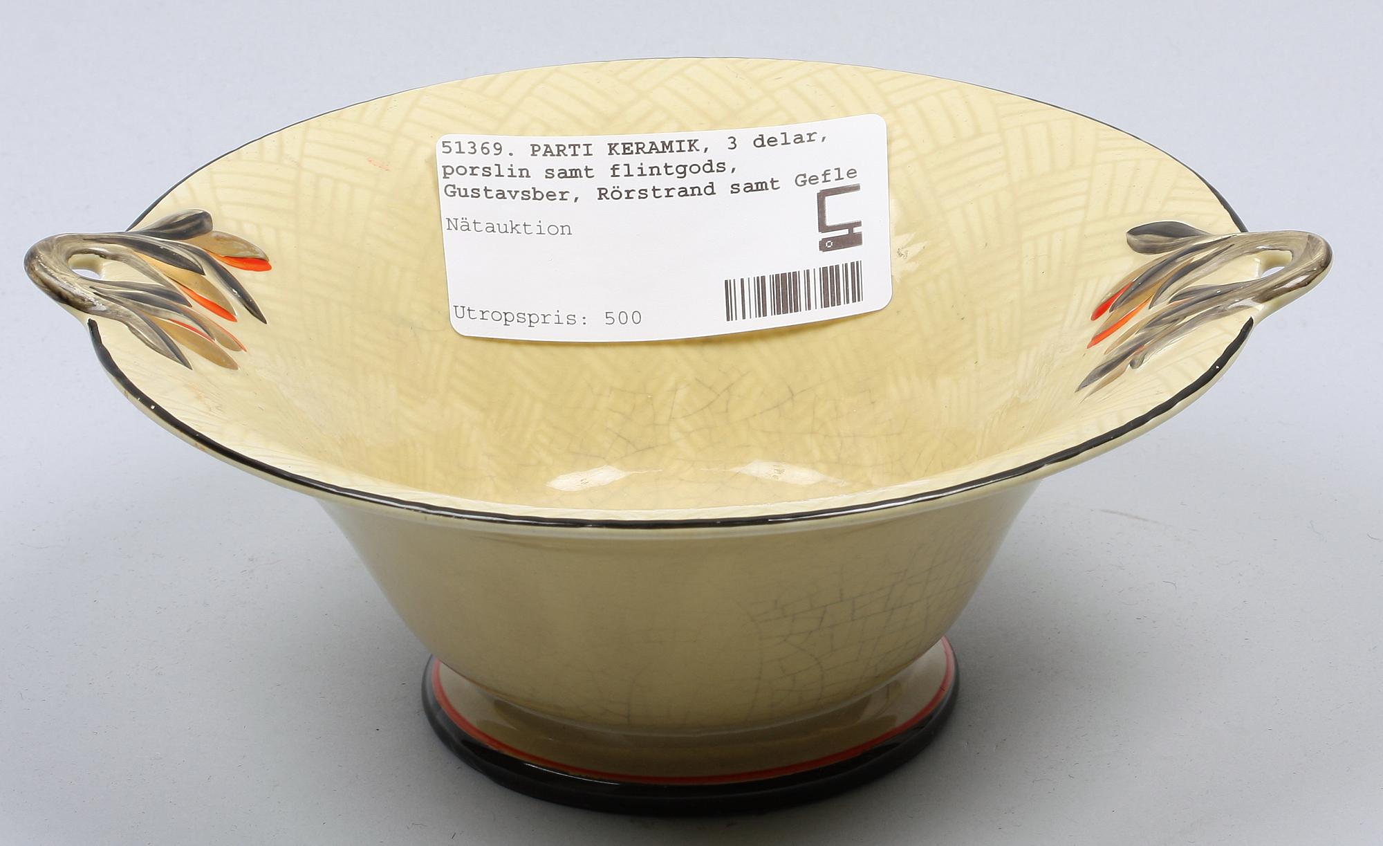 PARTI KERAMIK, 3 delar, porslin samt flintgods, Gustavsberg, Rörstrand samt Gefle.