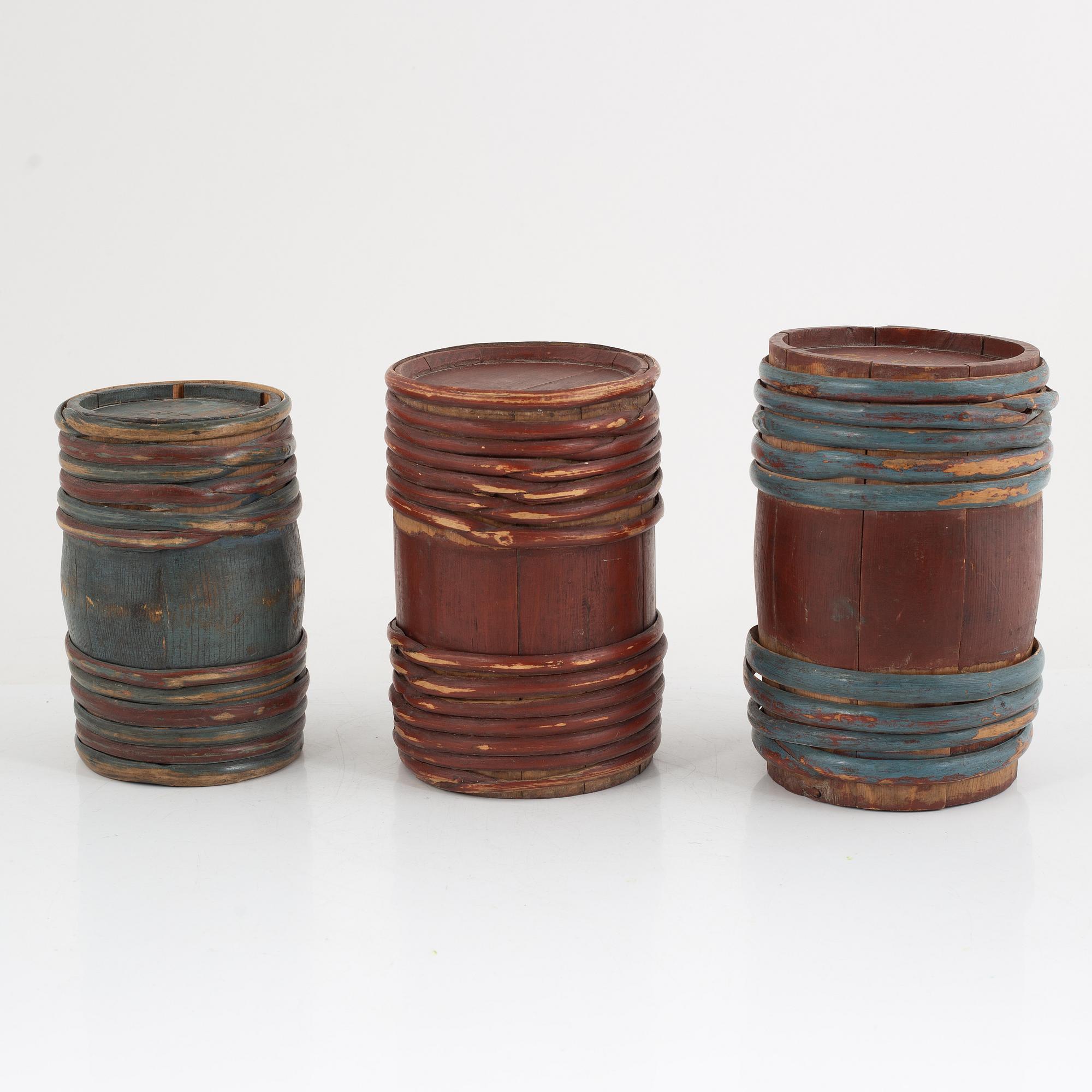A set of three brandy kegs from Hälsingland, Sweden, 19th century.