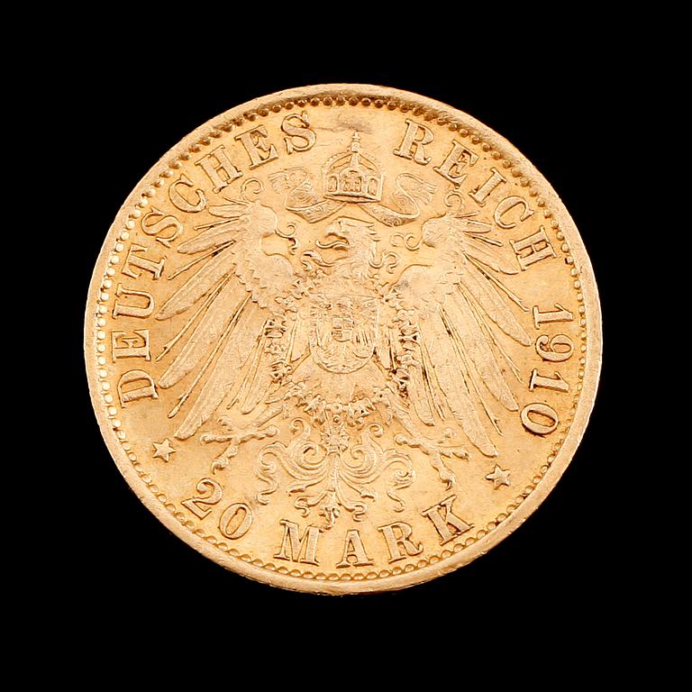 GULDMYNT, 20 mark, Wilhelm II, 1910. Vikt ca 8 gram.
