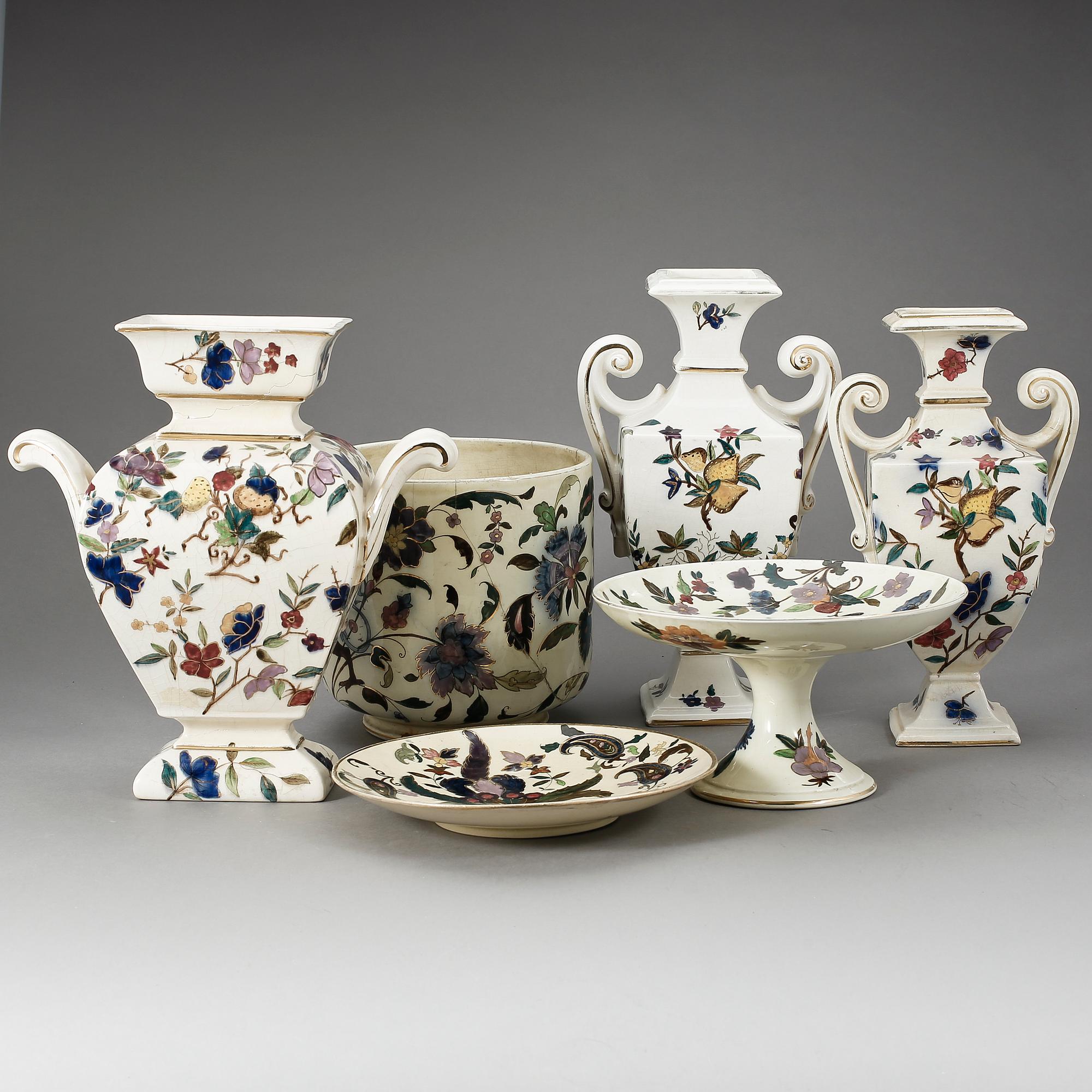 PARTI RÖRSTRAND, 6 delar, flintgods, "Ungersk Majolika", Rörstrand, 1800-talets slut.