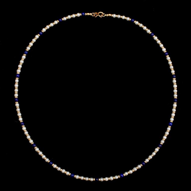 COLLIER, pärlor, lapis lazuli och 18 k guld.