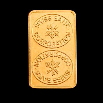 PLAKETT, fine gold, Swiss Bank Corporation. Vikt 10 gram.