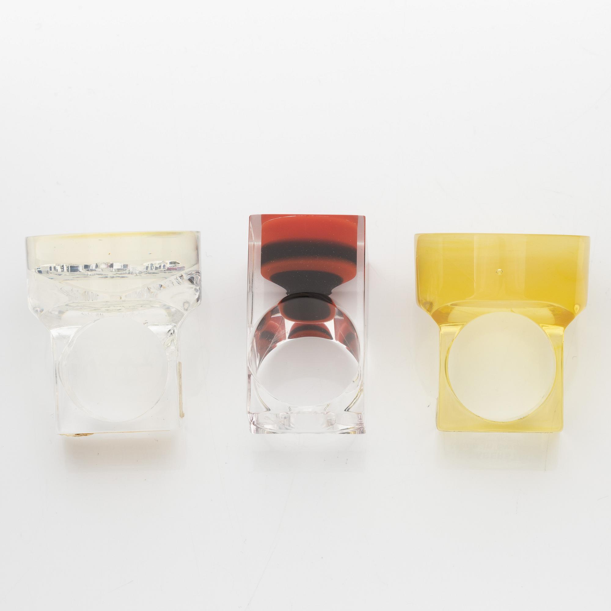 Siv Lagerström, three rings, acrylic plastic. Engraved works from the 1970s.