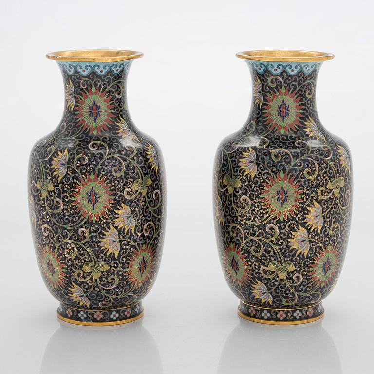 A pair of cloisonné enameled vases, China, 20th century.