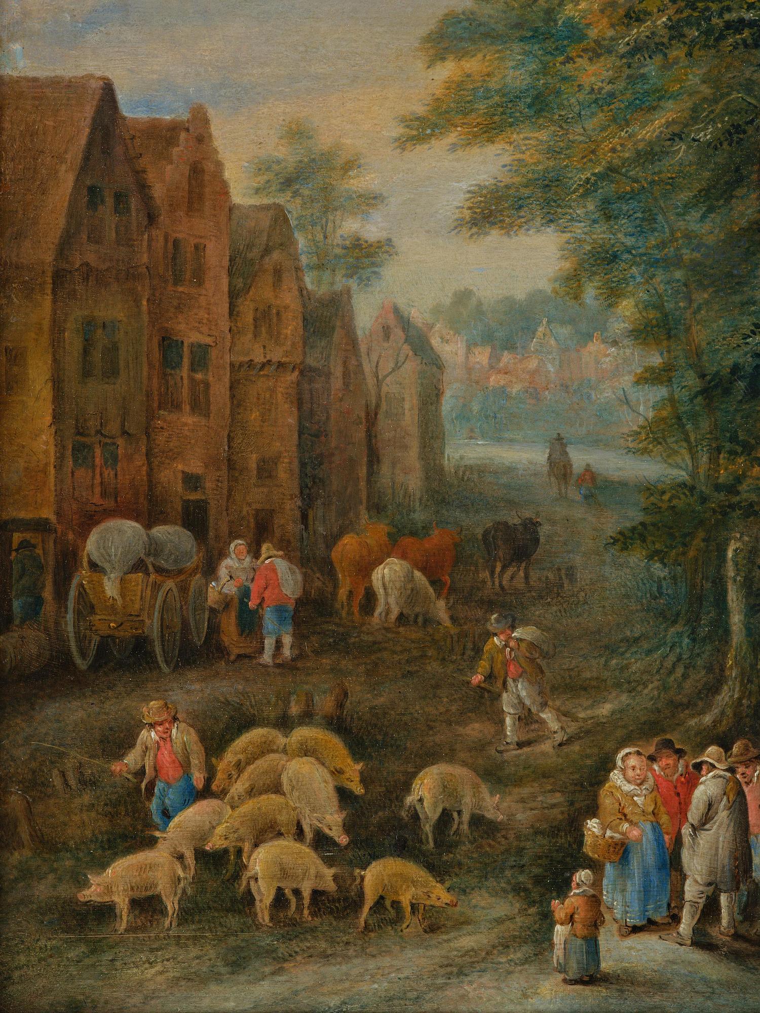 Theobald Michau, attributed to, Landscape with figures, domesticated animals, and boats by the river.