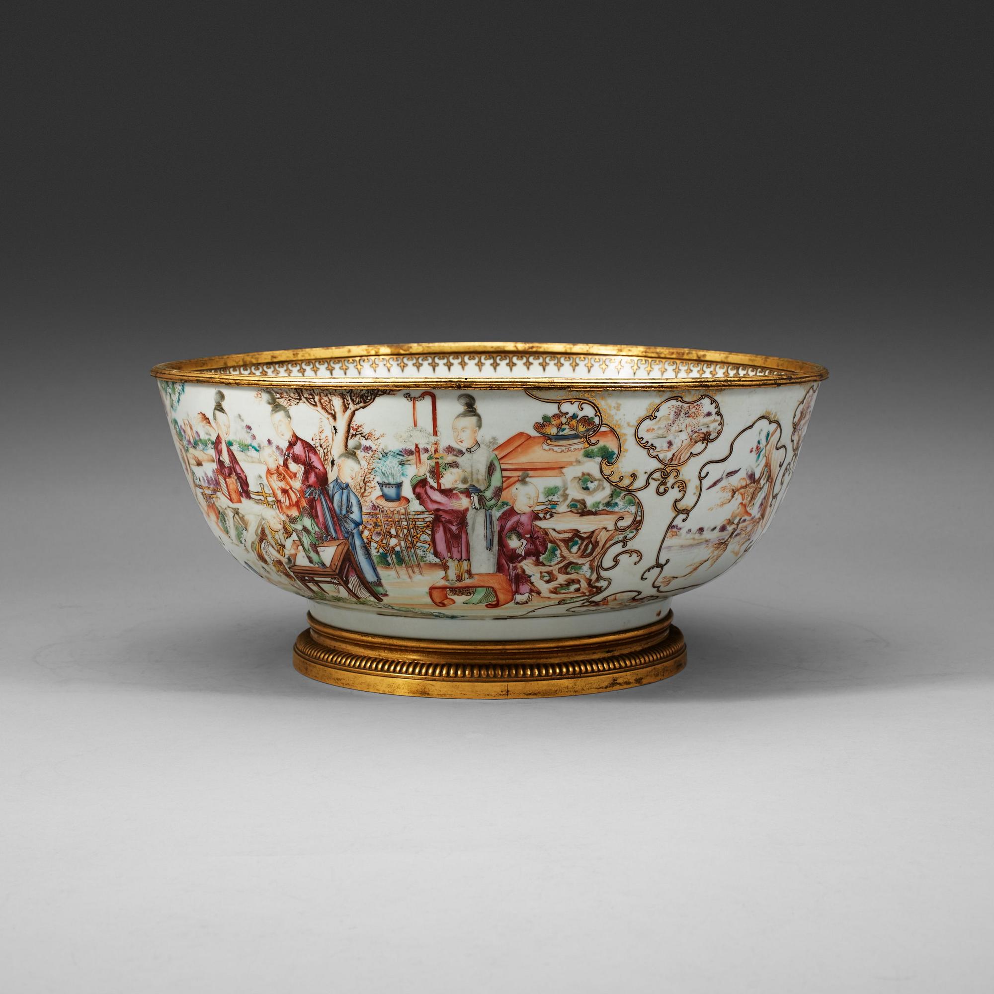 A famille rose bronze mounted punch bowl, Qing dynasty, Qianlong (1736-95).