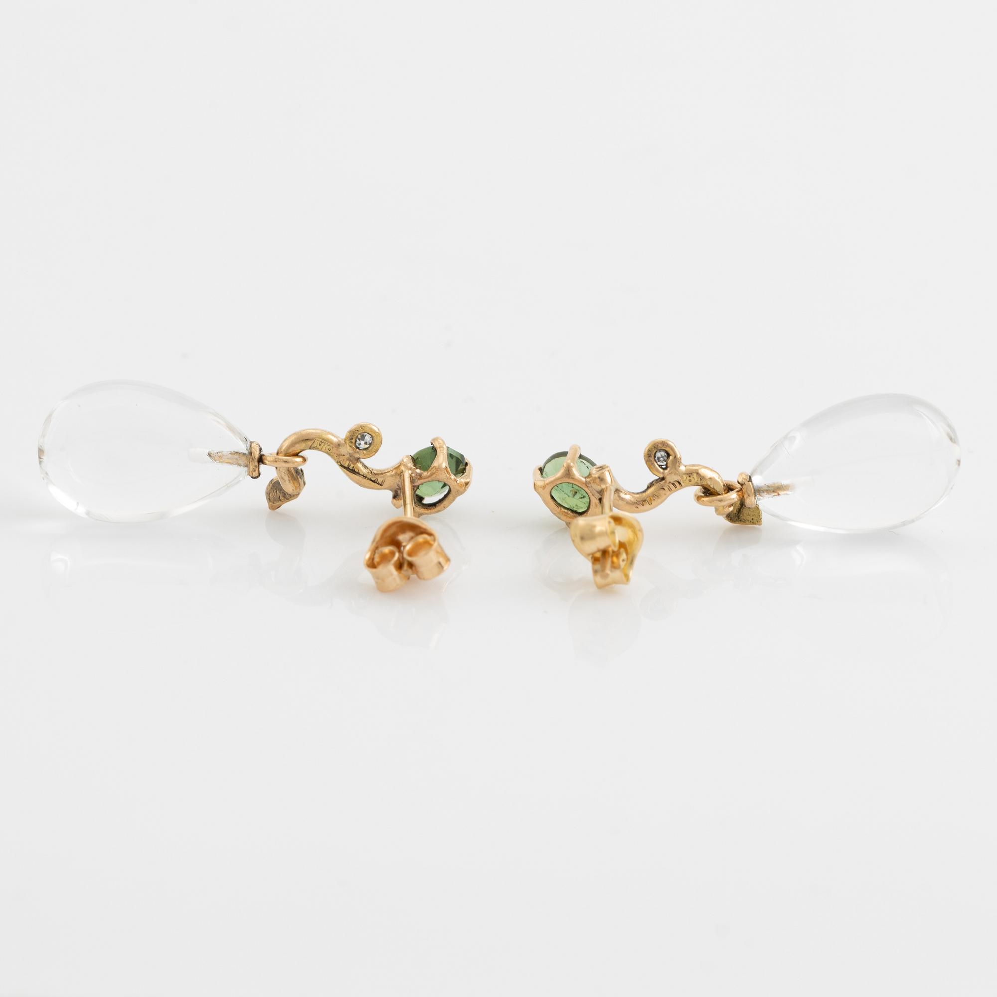 Pear shaped rock crystal, green tourmaline and eight cut diamond earrings.